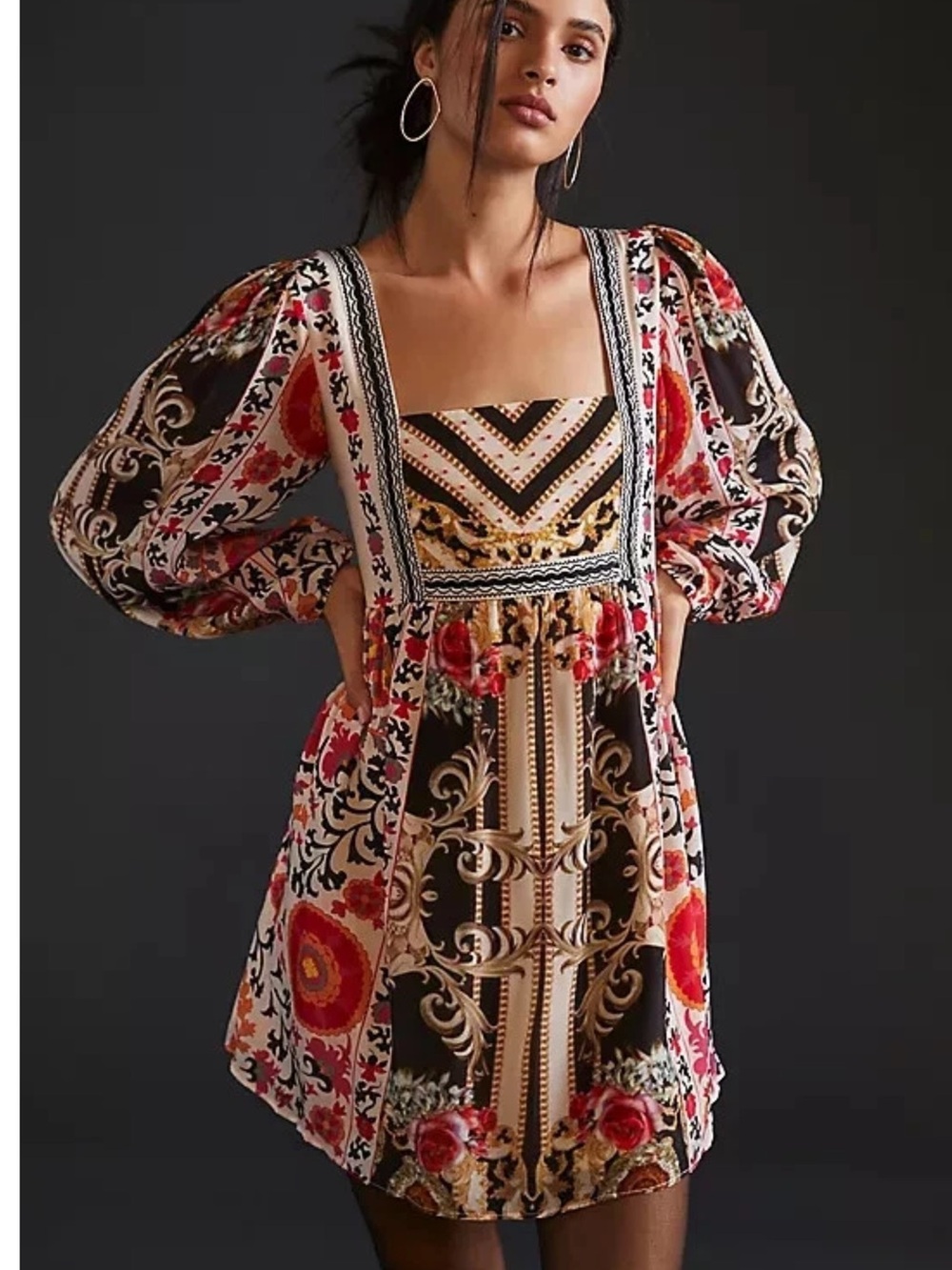 Anthropologie Nikasha Floral Baroque Puff Sleeve Smocked Back Mini Dress Size Sm